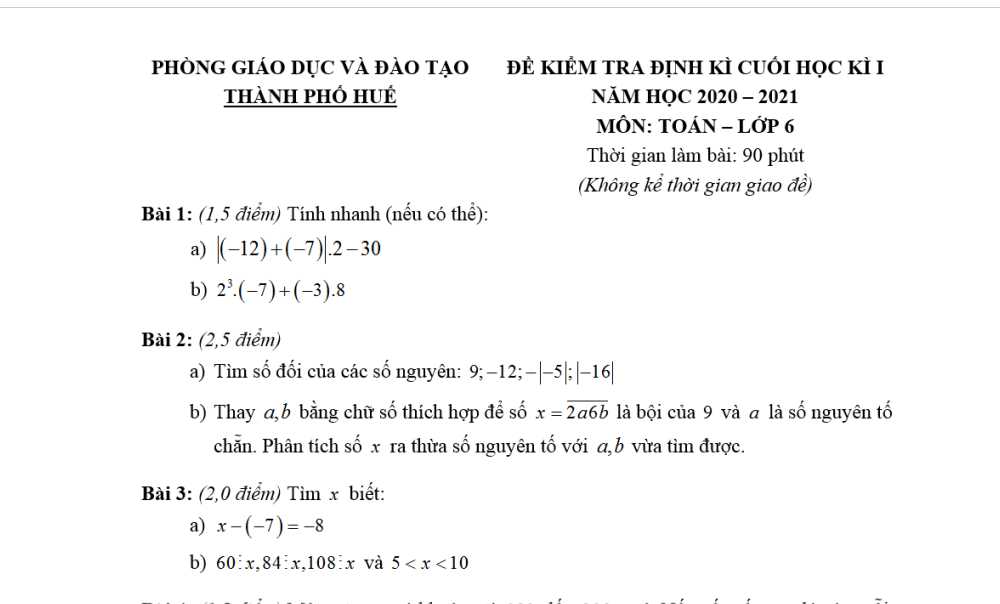 Toán 6-Đề kiểm tra cuối kì 1 Phòng GD&ĐT Thành phố Huế năm học 2020-2021